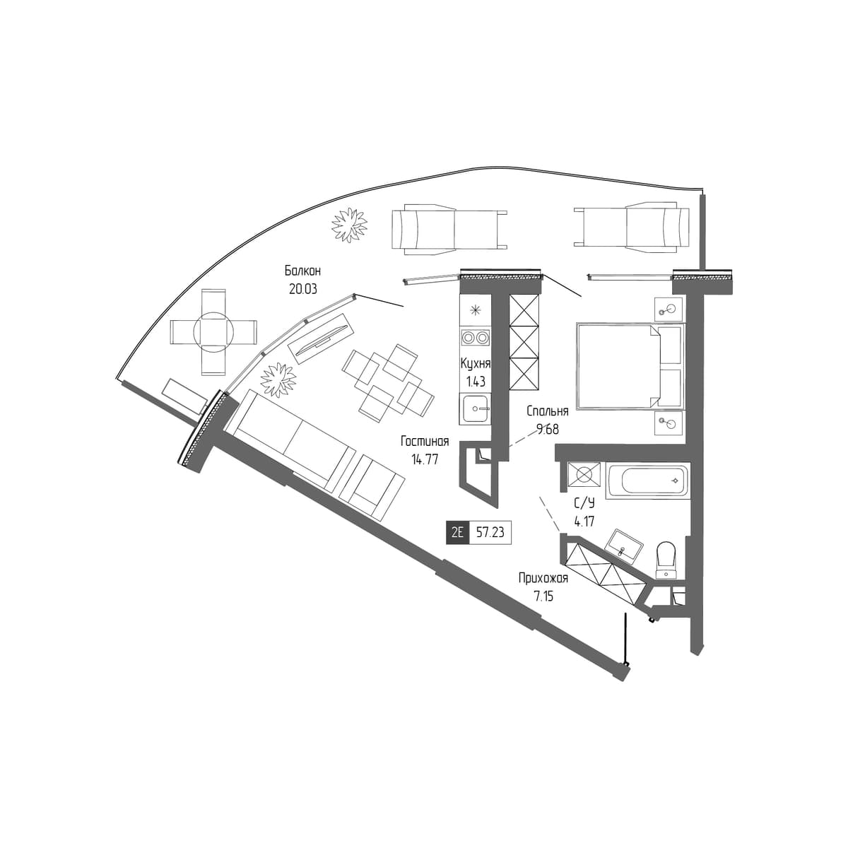 2-к, 57.23 м² · Крымская Резиденция