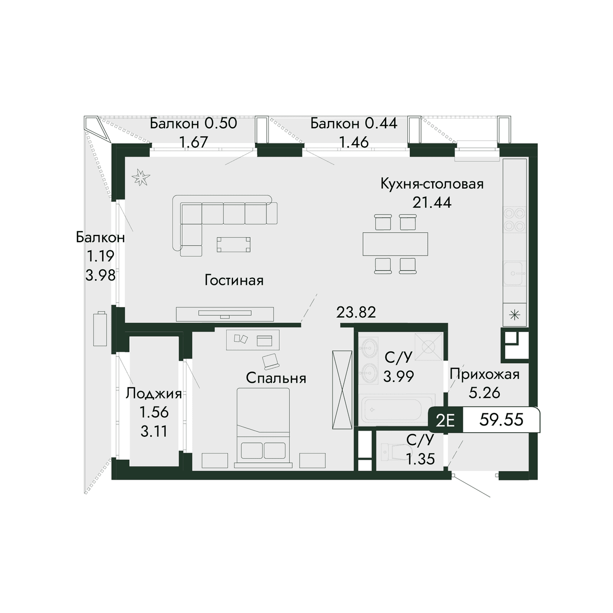 2-к, 59.55 м² · Парковая Резиденция