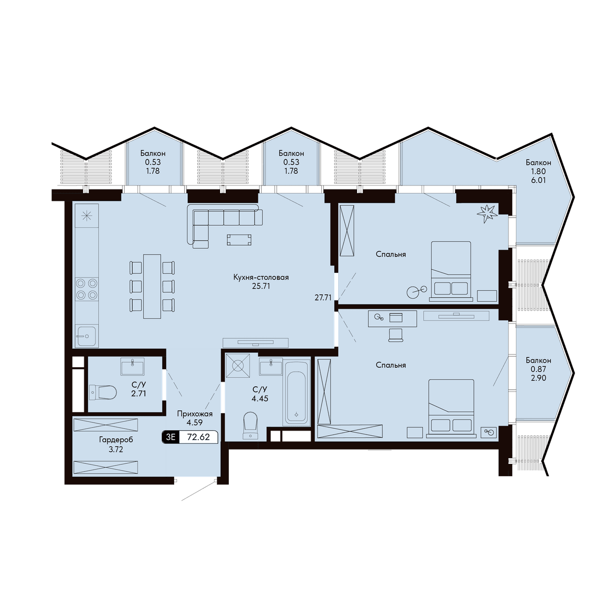 3-к, 72.62 м² · Ялтинская Резиденция