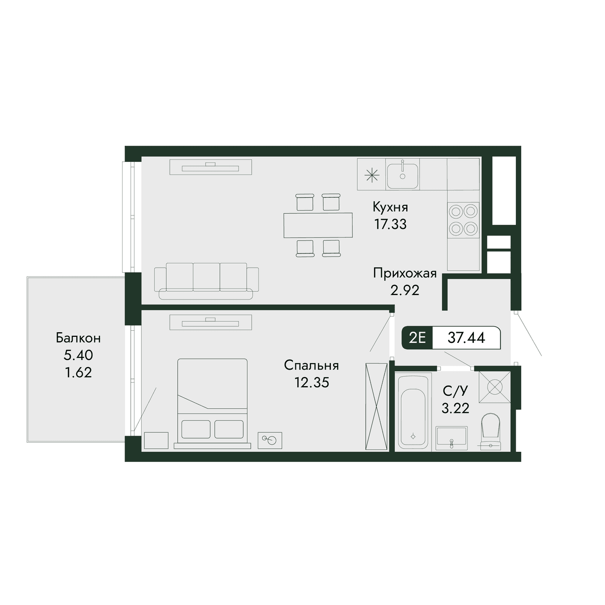 2-к, 37.44 м² · Парковая Резиденция