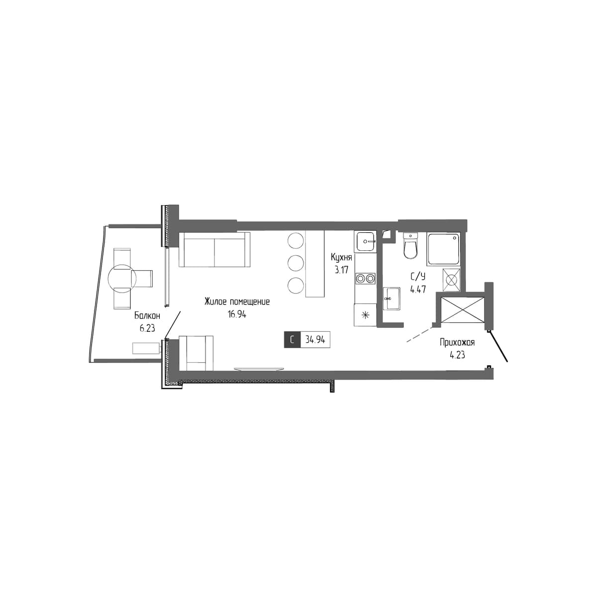1-к, 34.94 м² · Крымская Резиденция