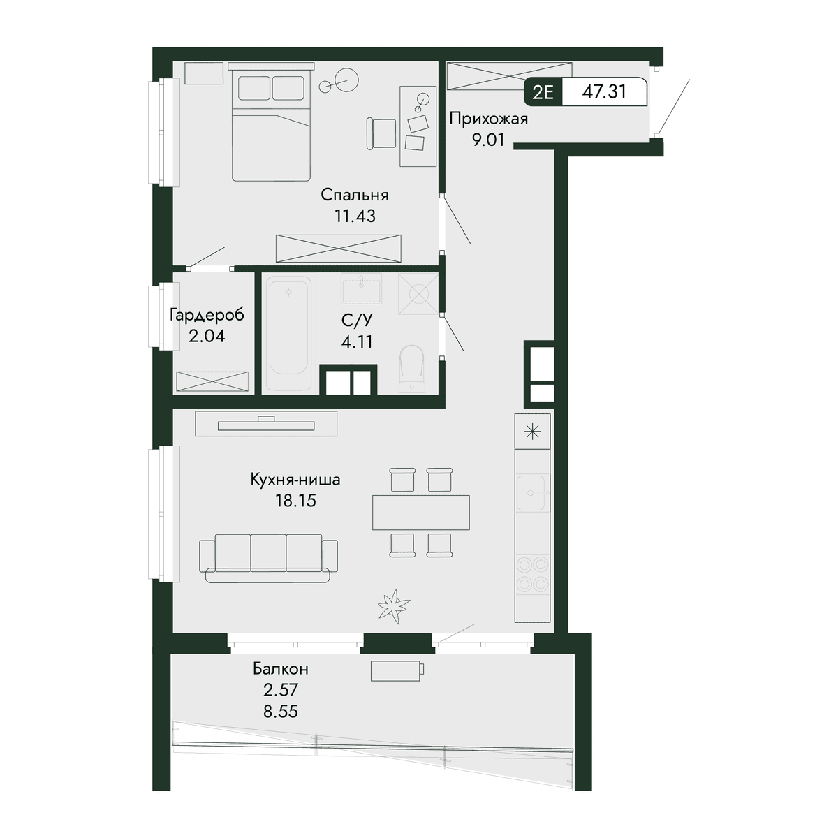 2-к, 47.31 м² · Парковая Резиденция