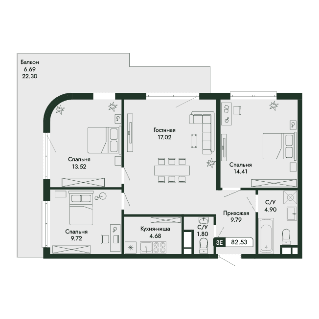 4-к, 82.53 м² · Парковая Резиденция