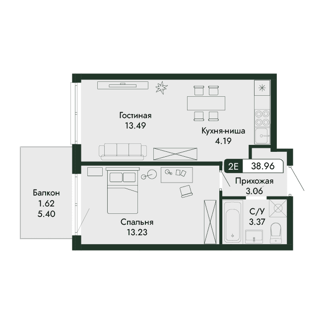 2-к, 38.96 м² · Парковая Резиденция