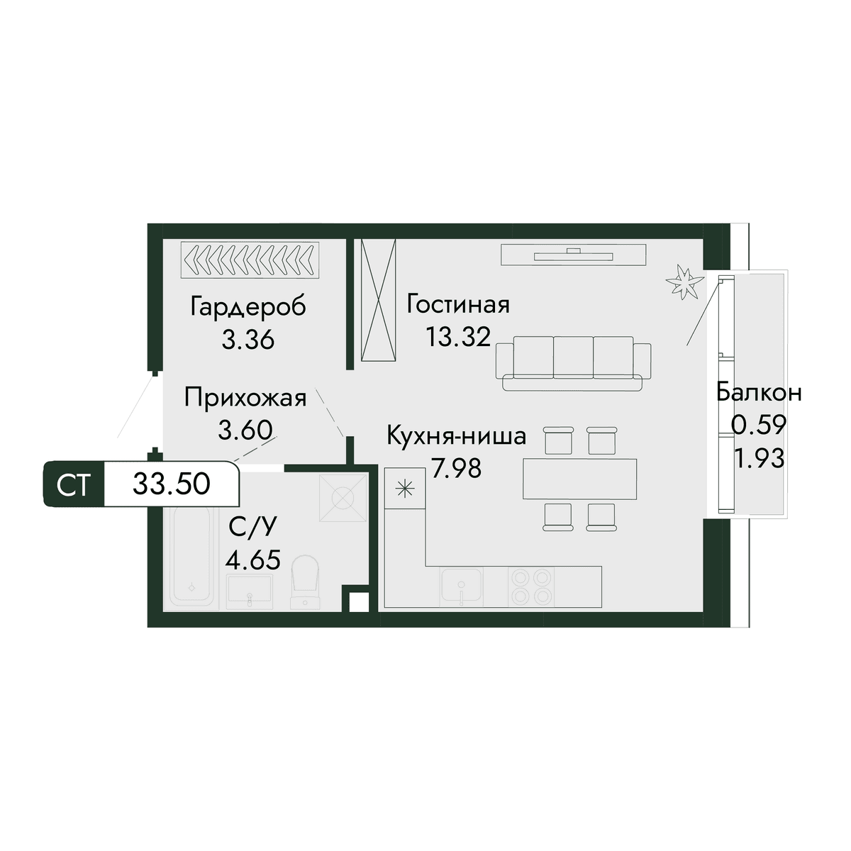 1-к, 33.5 м² · Парковая Резиденция