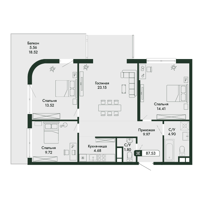 4-к, 87.53 м² · Парковая Резиденция