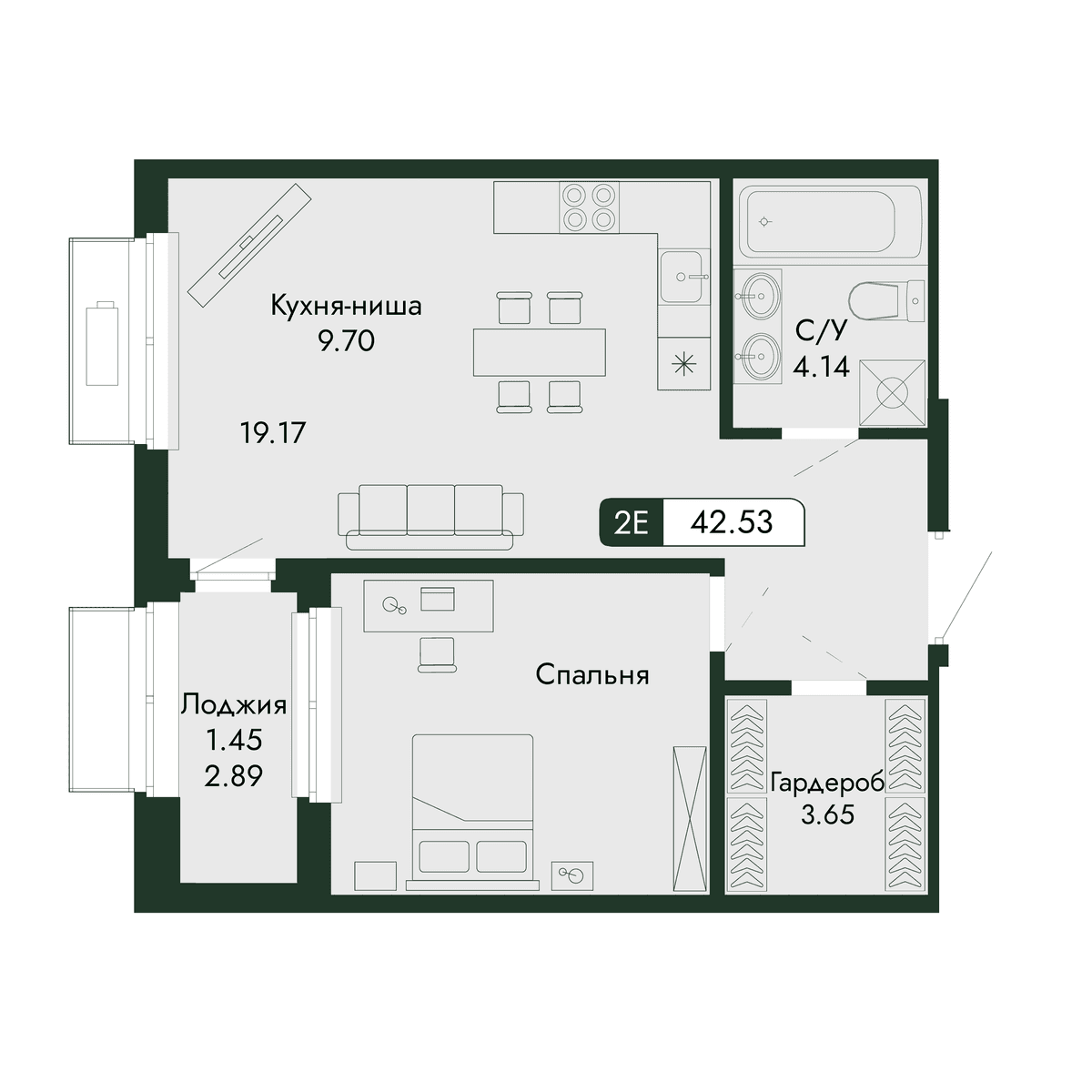 2-к, 42.53 м² · Парковая Резиденция