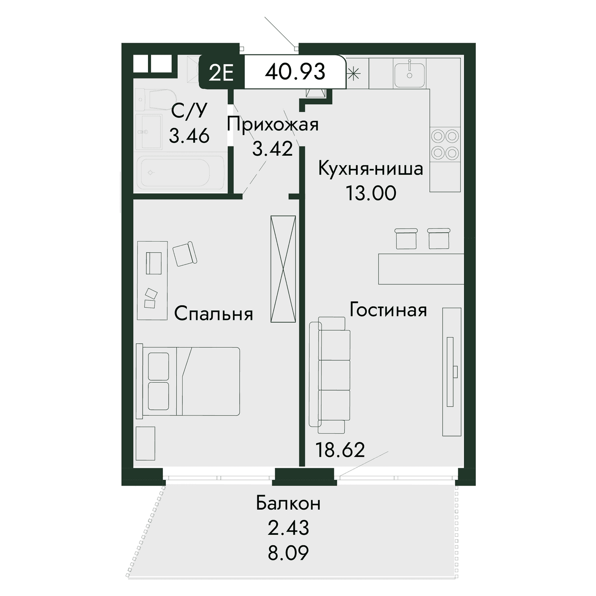 2-к, 40.93 м² · Парковая Резиденция
