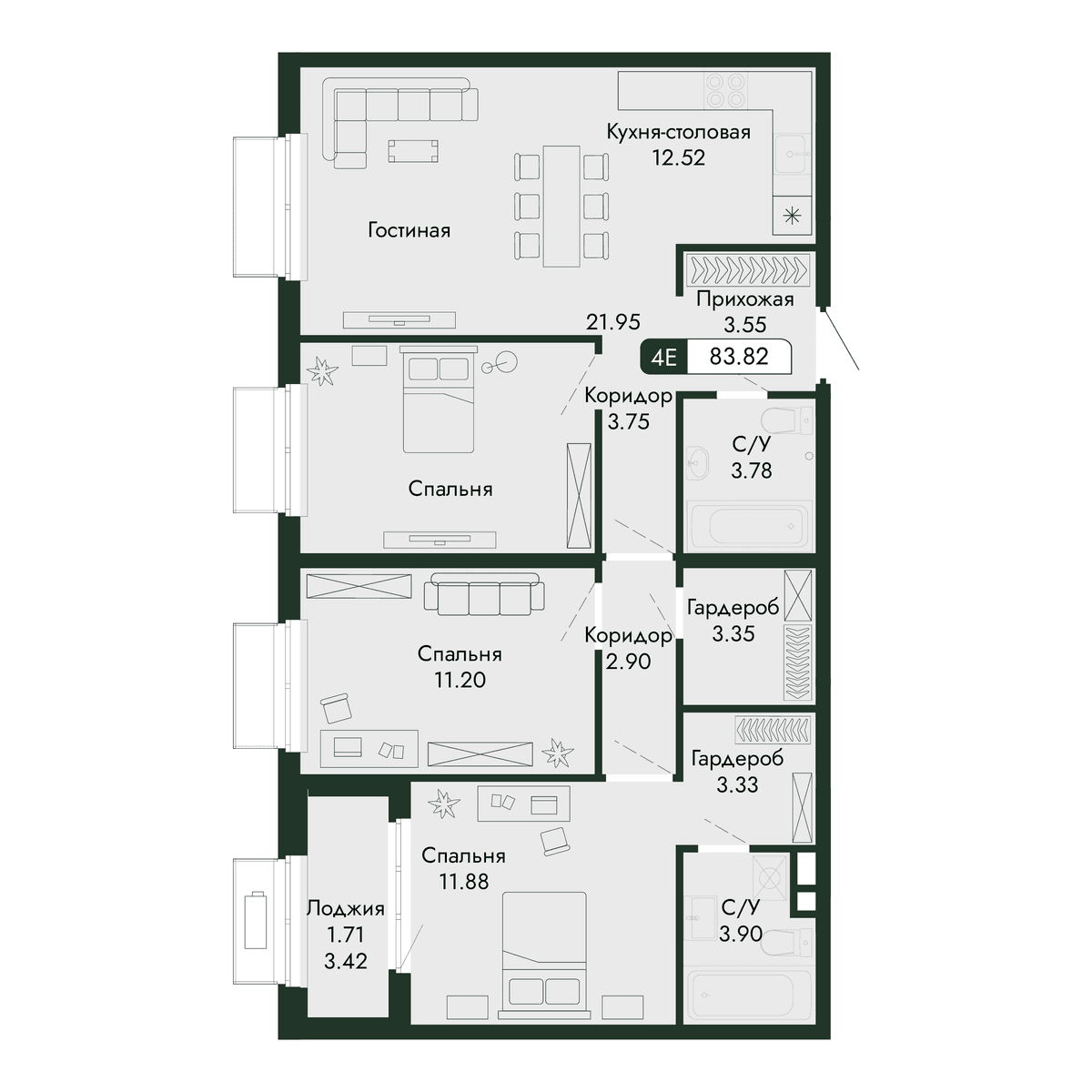 4-к, 83.82 м² · Парковая Резиденция