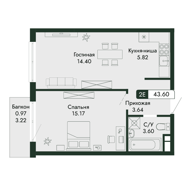 2-к, 43.6 м² · Парковая Резиденция