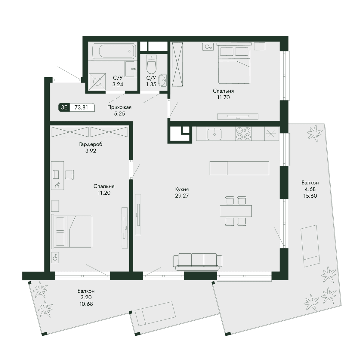 3-к, 73.81 м² · Парковая Резиденция