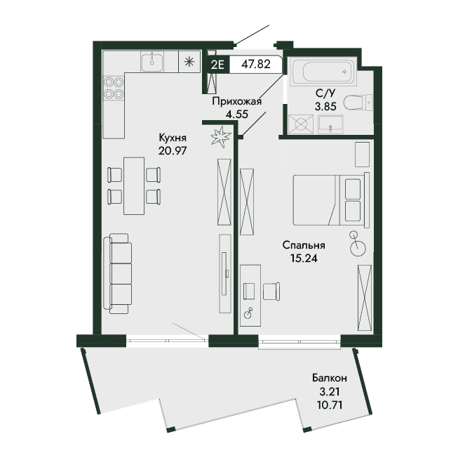2-к, 47.82 м² · Парковая Резиденция