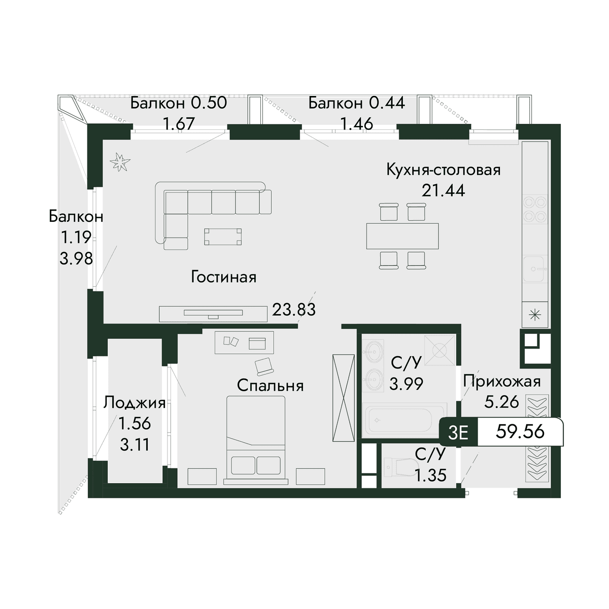 2-к, 59.56 м² · Парковая Резиденция