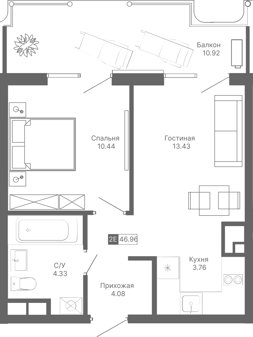 2-к, 46.96 м² · Крымская Резиденция
