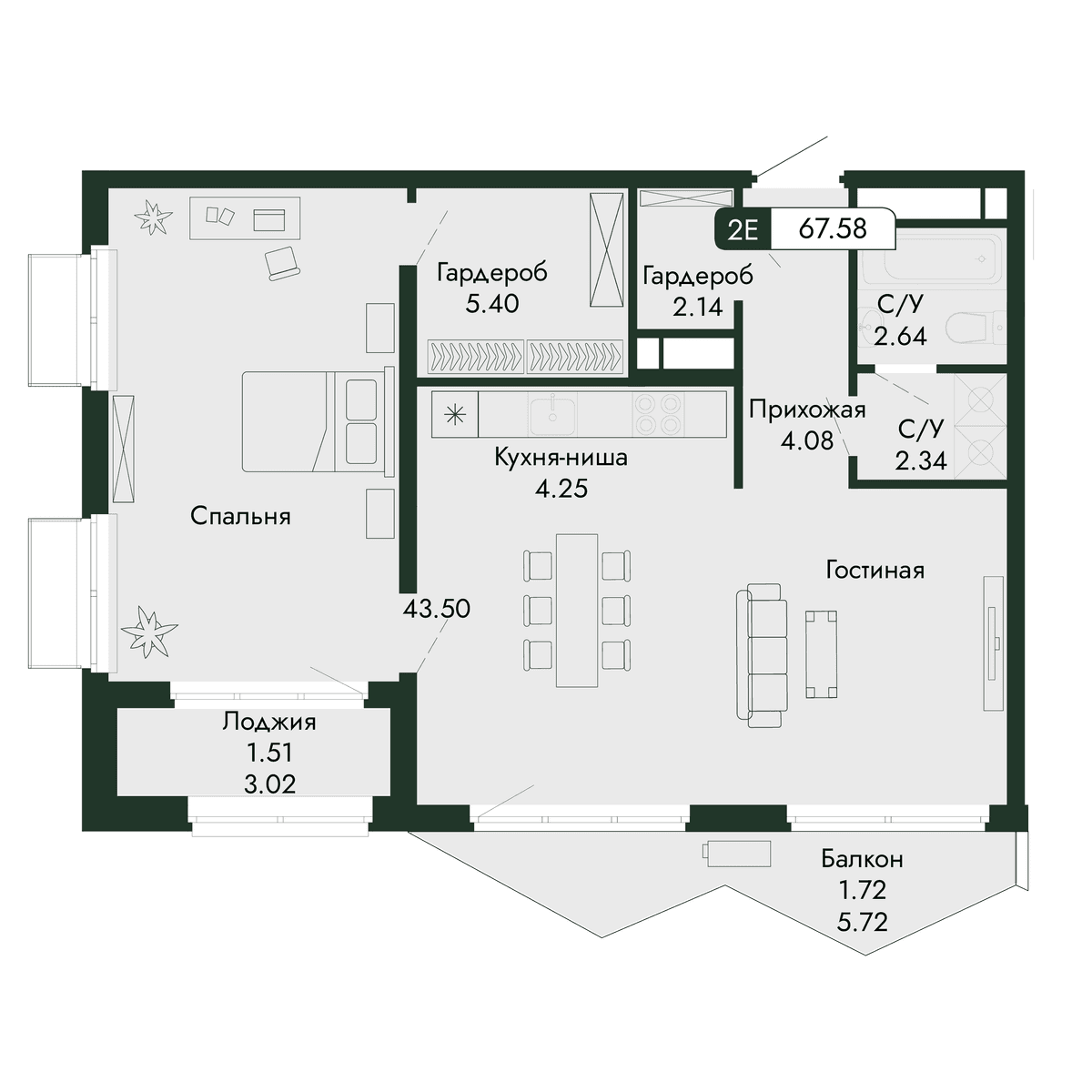 2-к, 67.58 м² · Парковая Резиденция