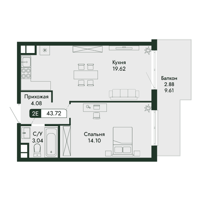 2-к, 43.72 м² · Парковая Резиденция