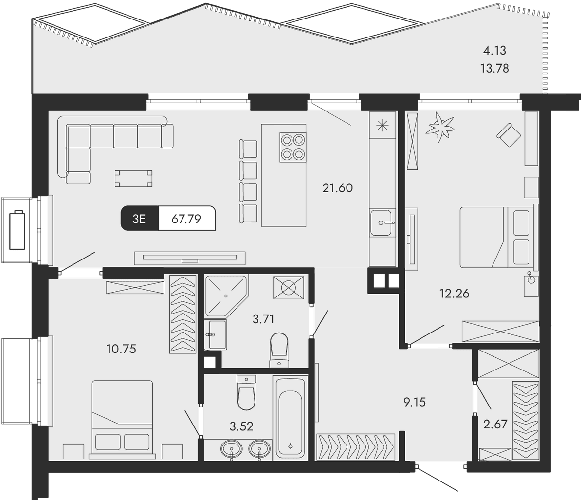 3-к, 67.79 м² · Парковая Резиденция