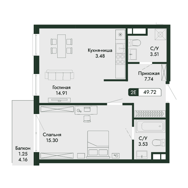 2-к, 49.72 м² · Парковая Резиденция