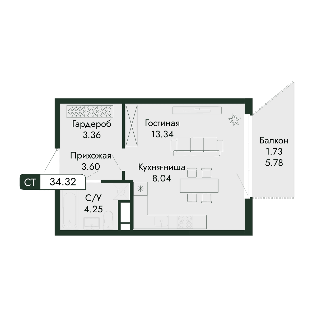 1-к, 34.32 м² · Парковая Резиденция