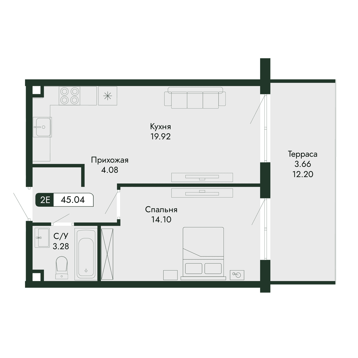 2-к, 45.04 м² · Парковая Резиденция