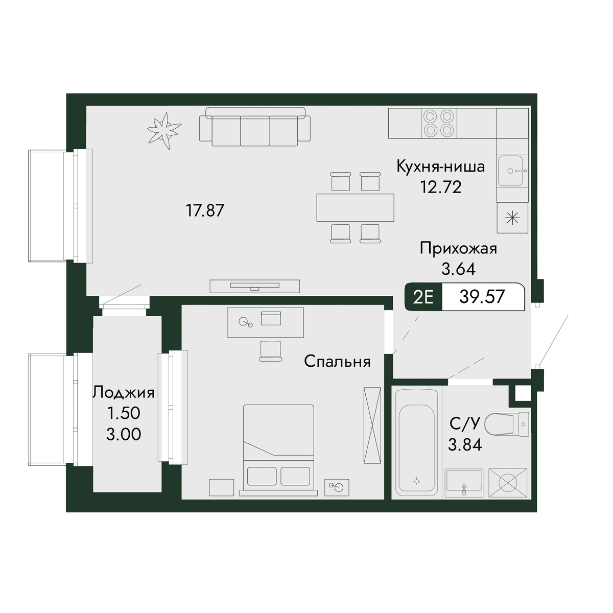 2-к, 39.57 м² · Парковая Резиденция