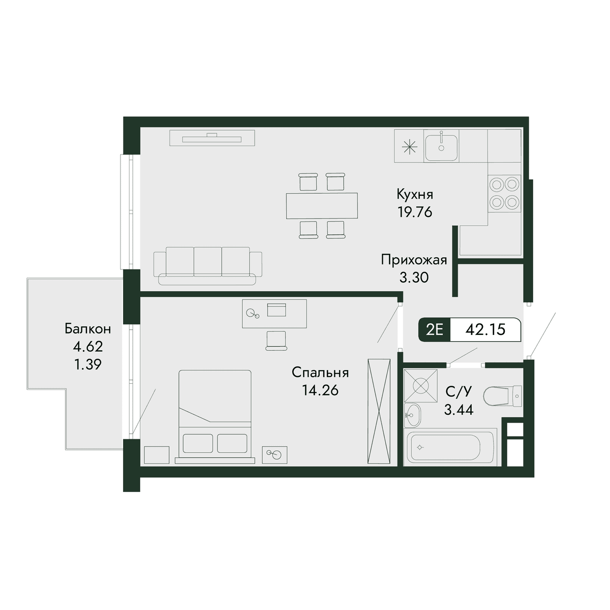 2-к, 42.15 м² · Парковая Резиденция