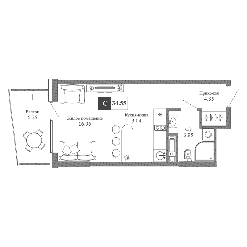 1-к, 34.55 м² · Крымская Резиденция
