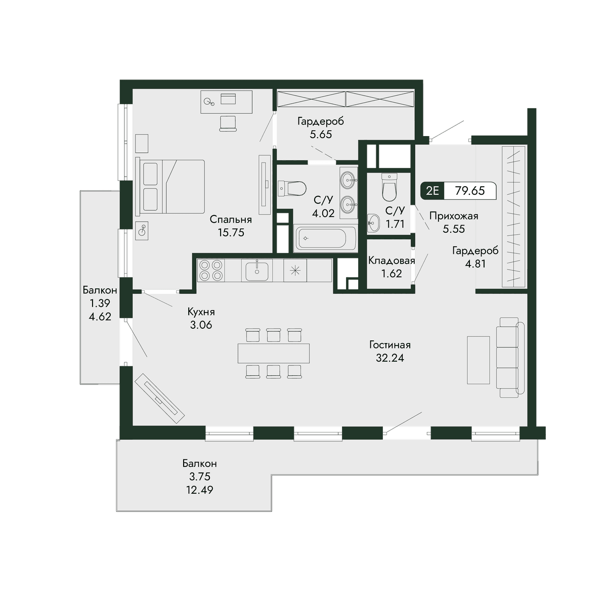 2-к, 79.65 м² · Парковая Резиденция