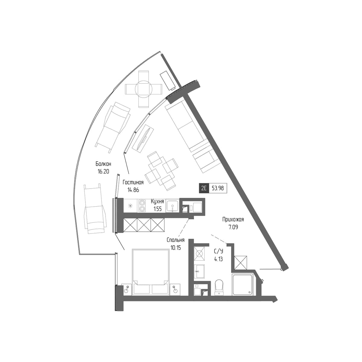 2-к, 53.98 м² · Крымская Резиденция