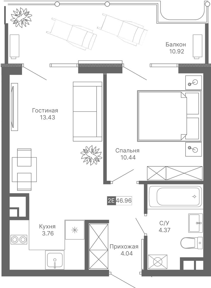 2-к, 46.96 м² · Крымская Резиденция