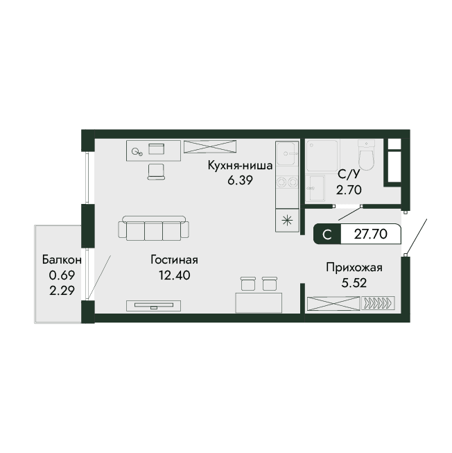 1-к, 27.7 м² · Парковая Резиденция