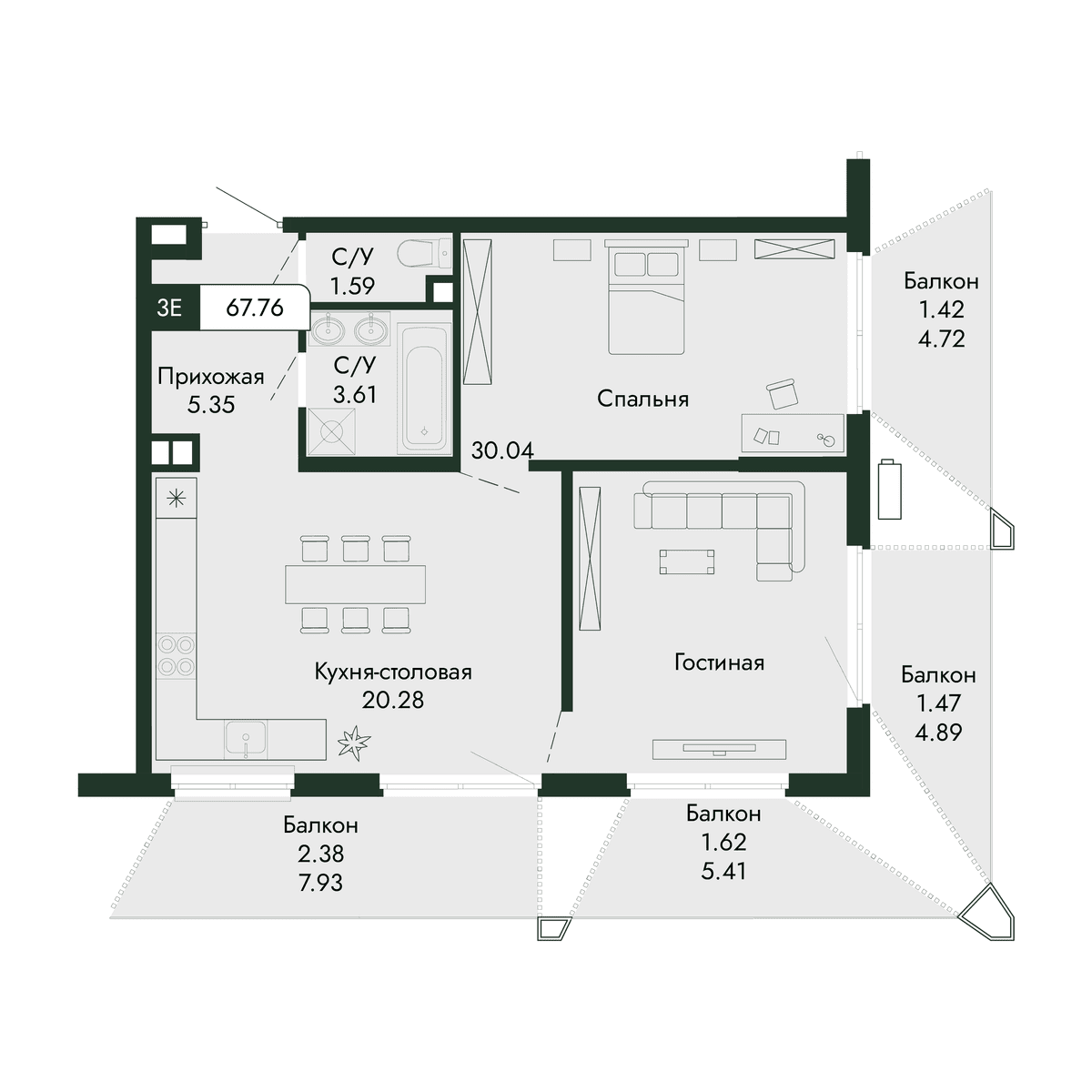 3-к, 67.76 м² · Парковая Резиденция