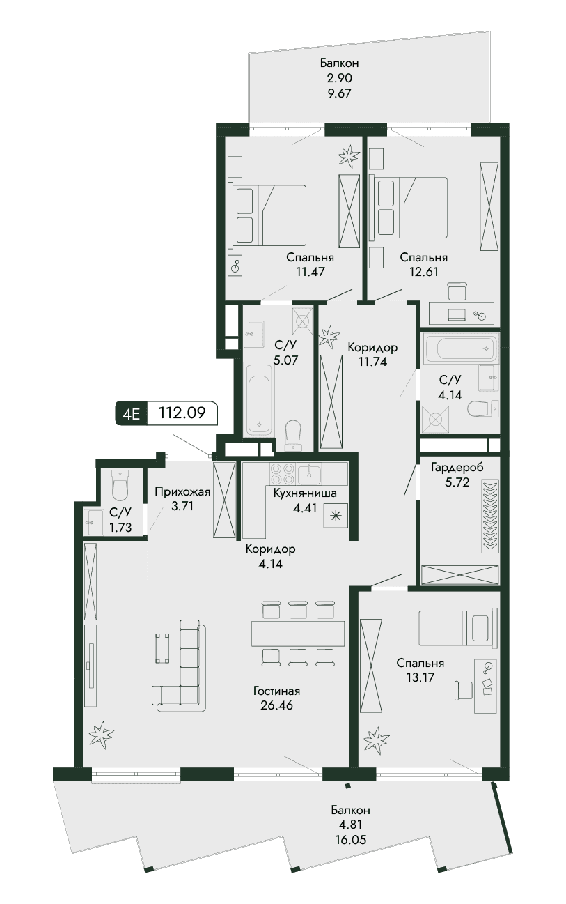 4-к, 112.09 м² · Парковая Резиденция