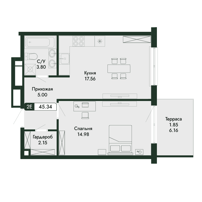2-к, 45.34 м² · Парковая Резиденция