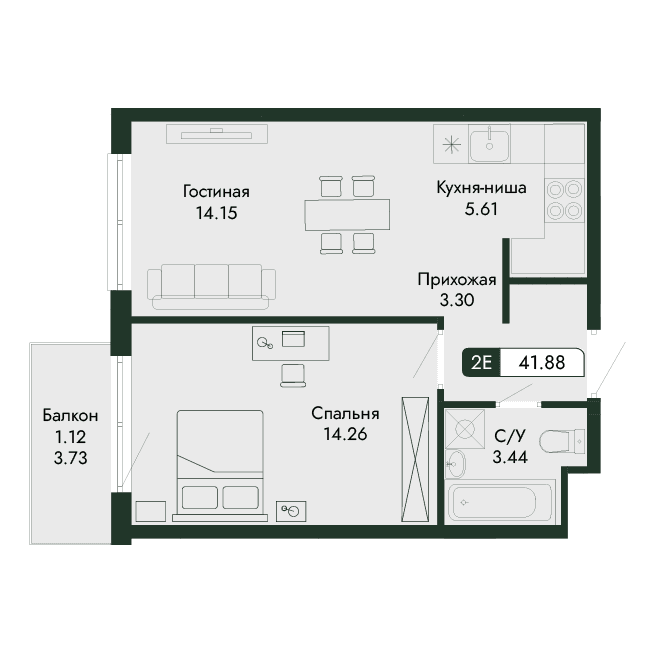 2-к, 41.88 м² · Парковая Резиденция