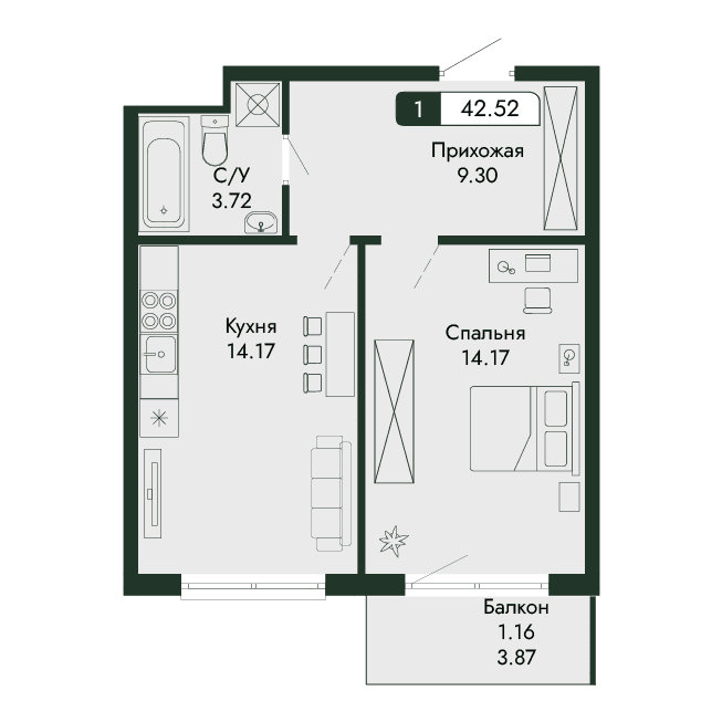 2-к, 42.52 м² · Парковая Резиденция