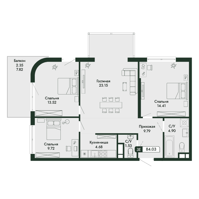 4-к, 84.03 м² · Парковая Резиденция