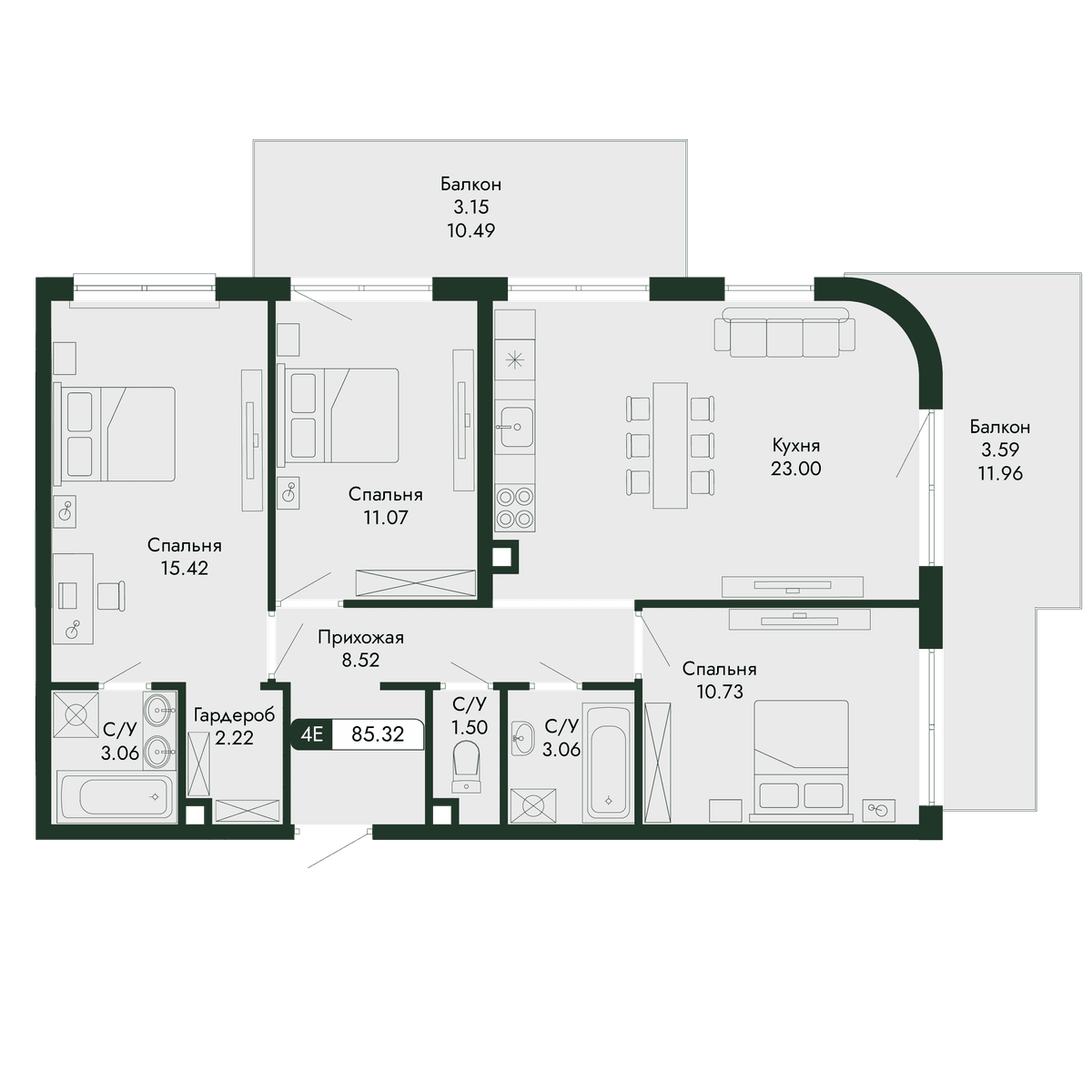 4-к, 85.32 м² · Парковая Резиденция