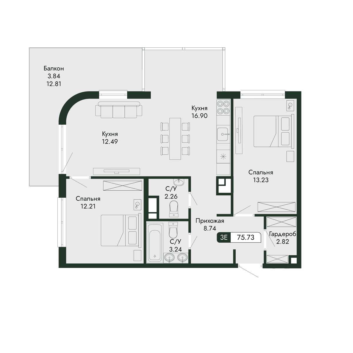 3-к, 75.73 м² · Парковая Резиденция