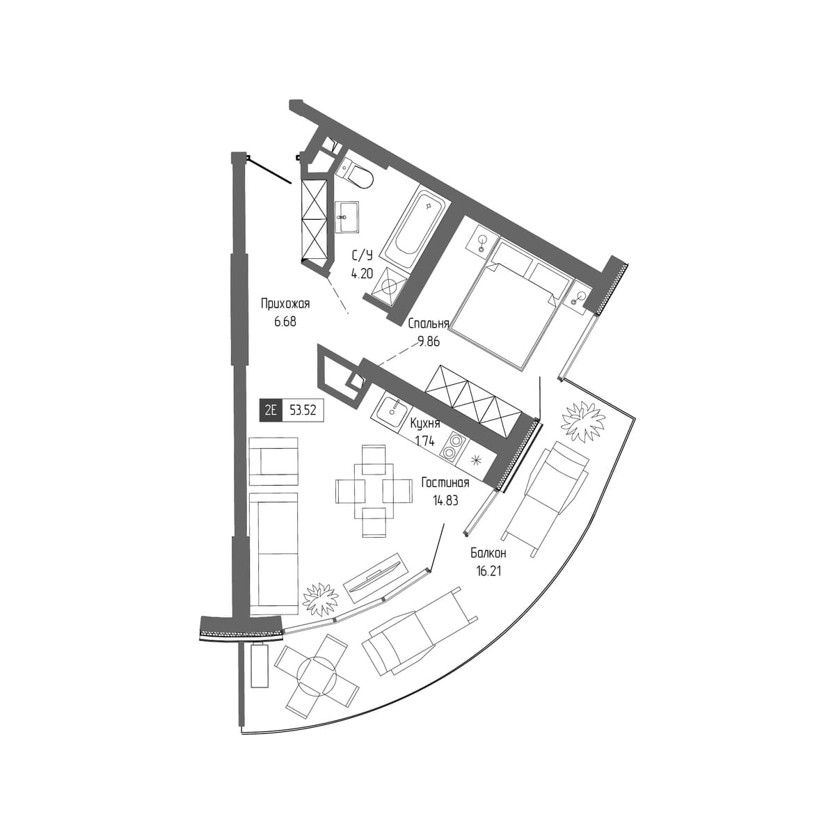 2-к, 53.52 м² · Крымская Резиденция