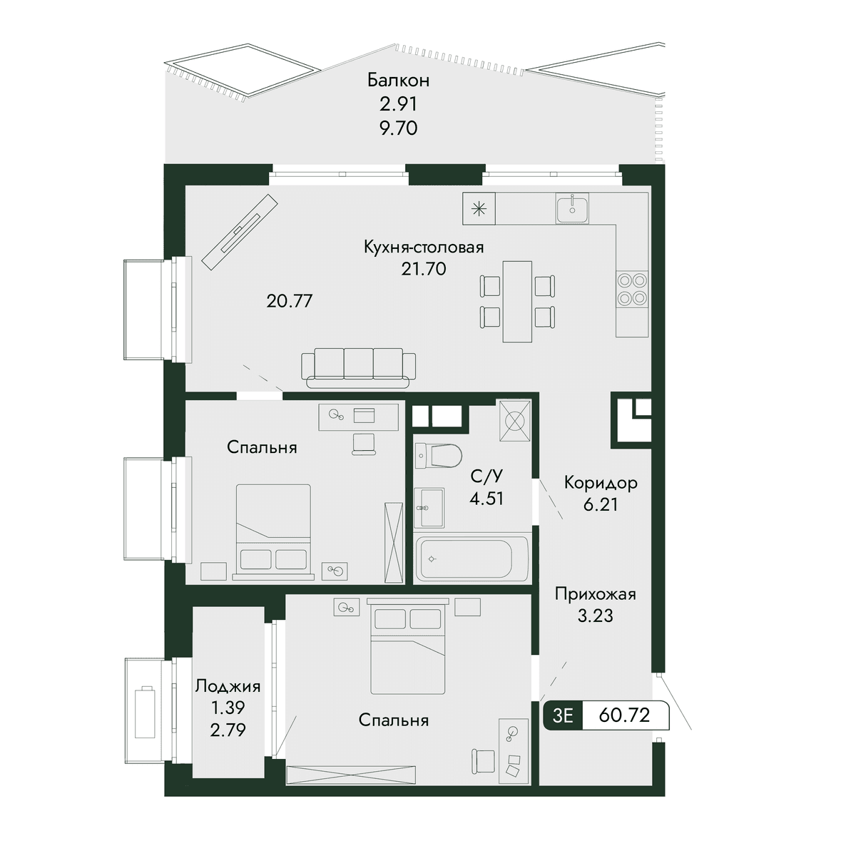 3-к, 60.72 м² · Парковая Резиденция