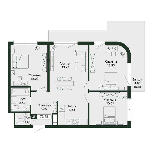 4-к, 73.76 м² · Парковая Резиденция