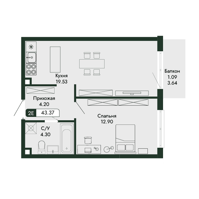 2-к, 42.37 м² · Парковая Резиденция