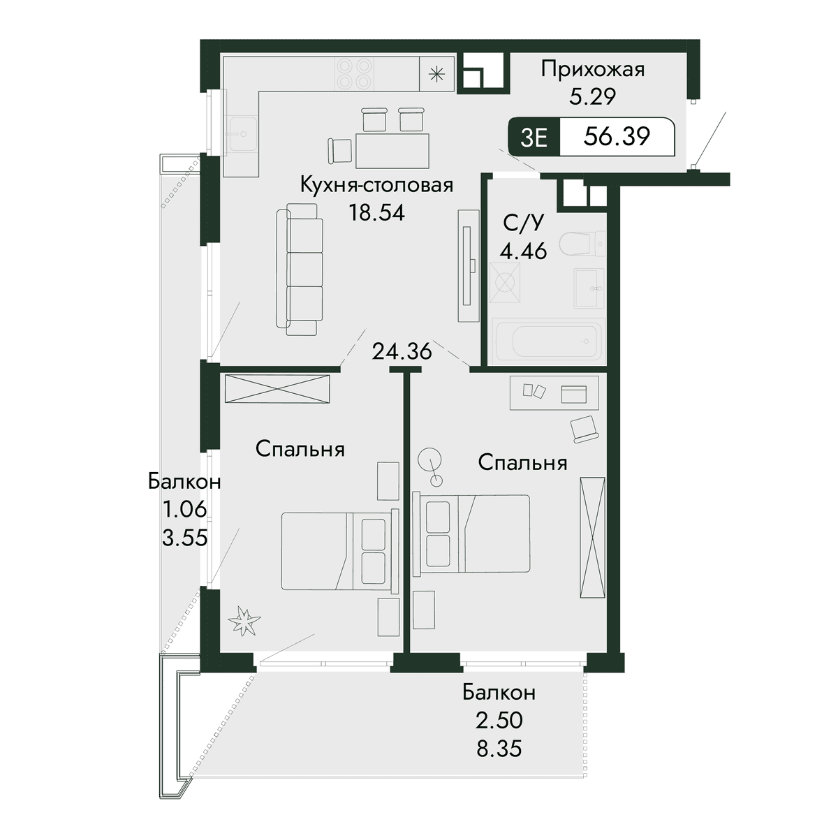 3-к, 56.39 м² · Парковая Резиденция