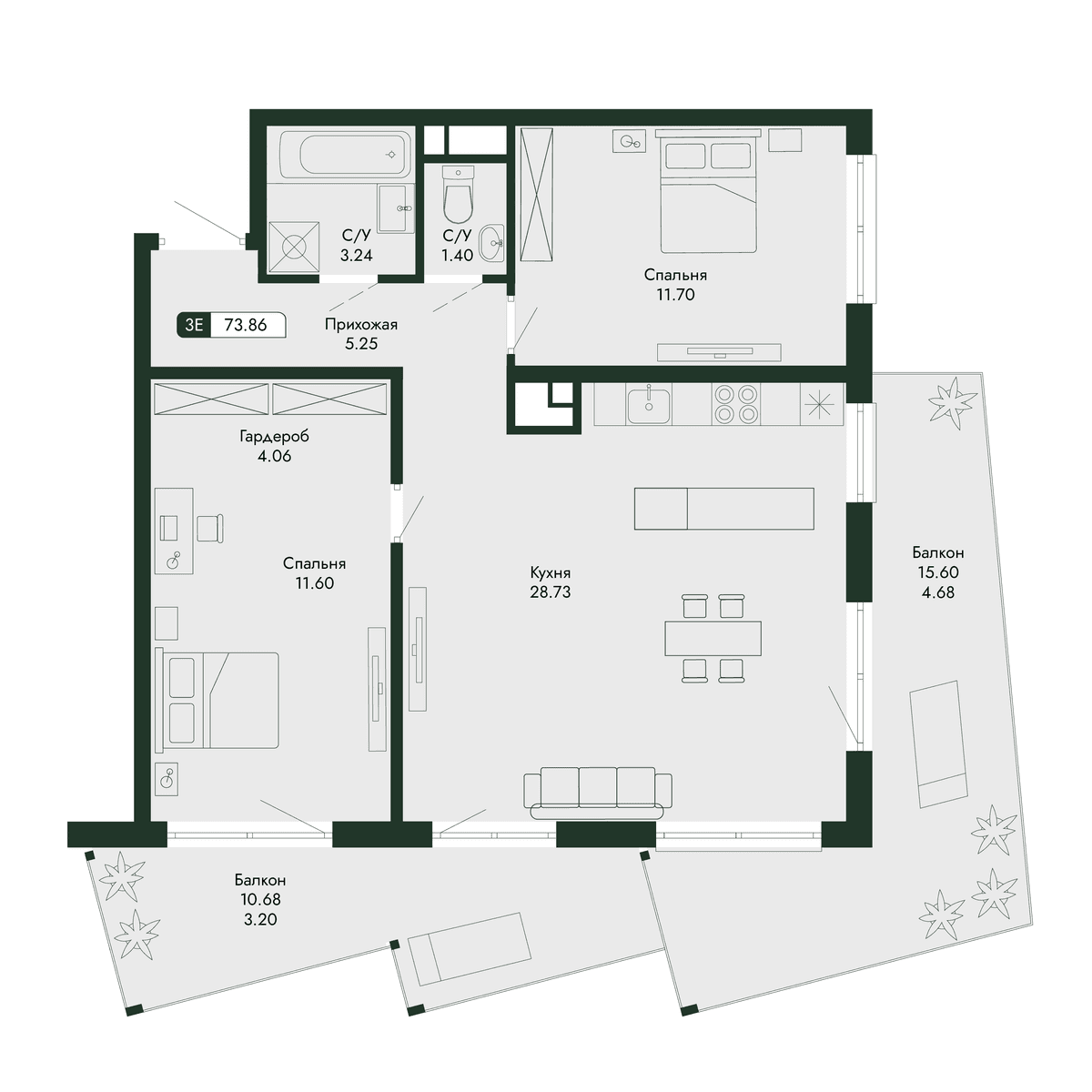 3-к, 73.86 м² · Парковая Резиденция