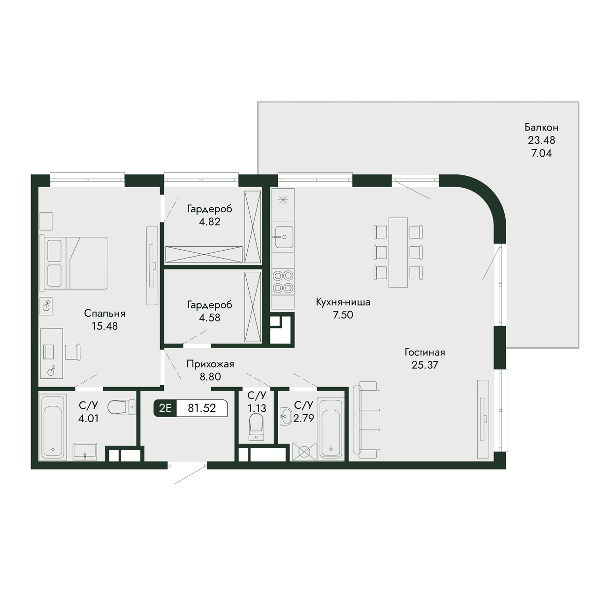 2-к, 81.52 м² · Парковая Резиденция