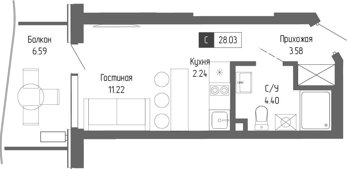 1-к, 28.03 м² · Крымская Резиденция