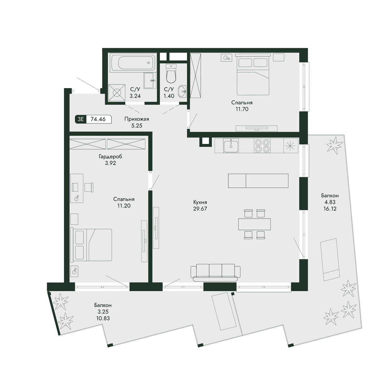 3-к, 74.46 м² · Парковая Резиденция