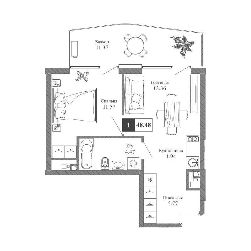 2-к, 48.48 м² · Крымская Резиденция