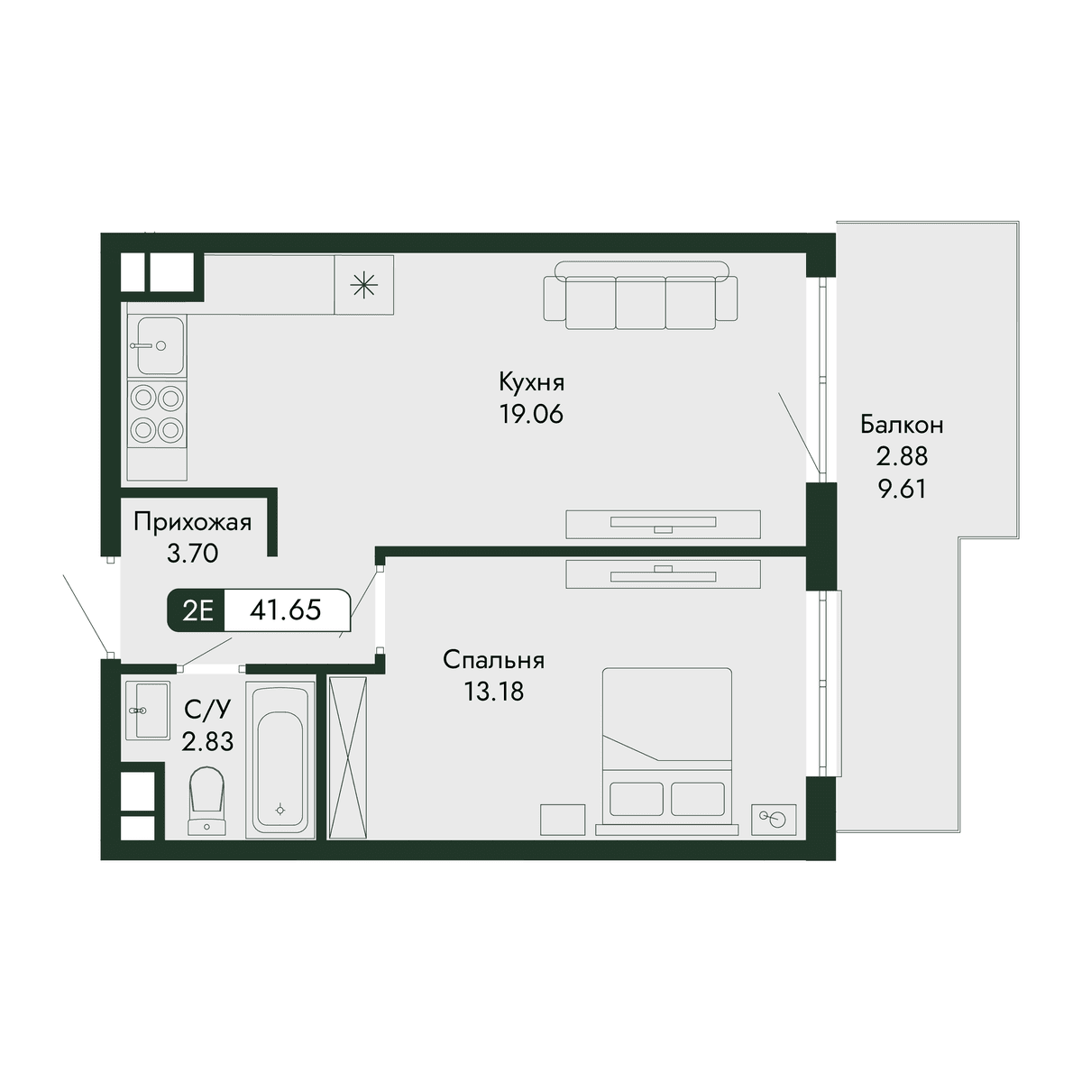 2-к, 41.65 м² · Парковая Резиденция